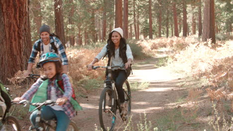 Parents-and-two-kids-in-forest-cycle-past-and-out-of-shot
