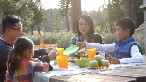 Asiatische-Familie-Teilt-Picknick-Essen-An-Einem-Tisch-Im-Freien
