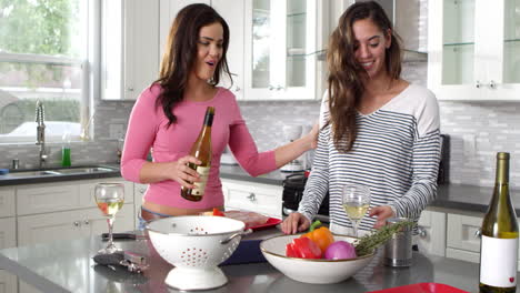 Lesbian-couple-preparing-meal-together-and-drinking-wine,-shot-on-R3D