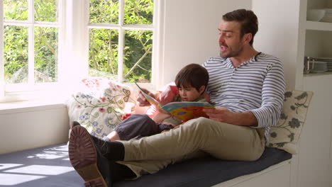 Vater-Und-Sohn-Lesen-Zu-Hause-Eine-Geschichte,-Aufgenommen-Auf-R3D