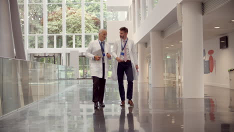 Two-Doctors-Talking-As-They-Walk-Through-Modern-Hospital