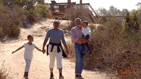 Black-grandparents-walking-with-grandchildren,-front-view