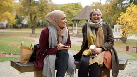 Dos-Mujeres-Musulmanas-Británicas-Durante-La-Hora-Del-Almuerzo-Se-Reúnen-En-Un-Parque-Urbano