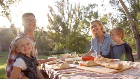 Young-family-at-a-picnic-in-a-table-in-a-park-look-to-camera
