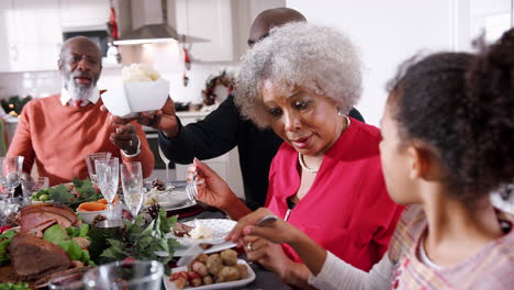 Black-senior-woman-talking-with-her-granddaughter-while-they-eat-with-their-family-at-the-Christmas-dinner-table,-close-up,-side-view