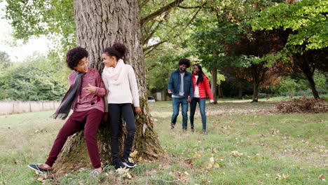 Mixed-race-children-hiding-behind-a-tree-and-suprising-their-parents,-while-they-spend-time-together-in-an-Autumn-park,-front-view