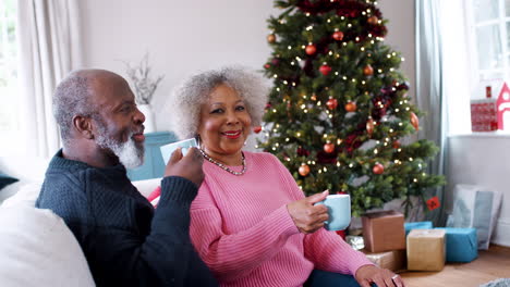 Senior-black-couple-drinking-coffee-sitting-on-a-couch-in-their-living-room,-a-Christmas-tree-and-gifts-in-the-background,-close-up