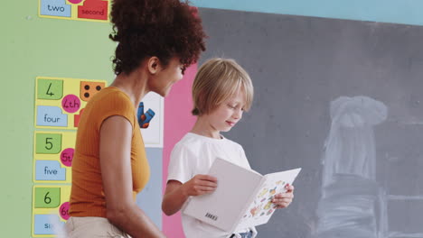 Female-Elementary-School-Teacher-Reading-With-Male-Pupil-In-Classroom-Giving-One-To-One-Support