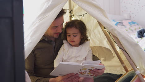 Single-Father-Reading-With-Daughter-In-Den-In-Bedroom-At-Home