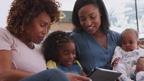 Familia-Afroamericana-Multigeneracional-Sentada-En-Un-Sofá-En-Casa-Usando-Una-Tableta-Digital
