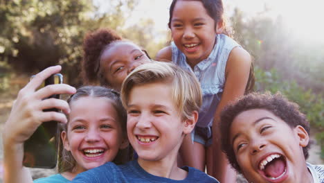 Gruppe-Multikultureller-Kinder,-Die-Gemeinsam-Mit-Freunden-Auf-Dem-Land-Für-Ein-Selfie-Posieren