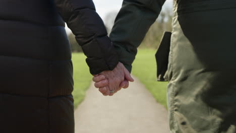 Close-Up-Of-Loving-Senior-Couple-Holding-Hands-Walking-Through-Autumn-Or-Winter-Park-Together