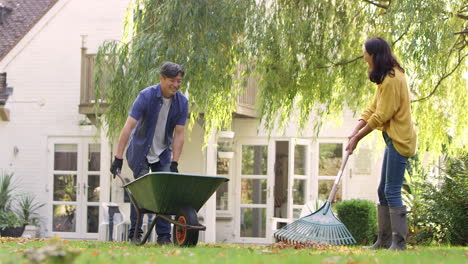 Mature-Asian-couple-working-in-garden-at-home-raking-leaves-into-barrow--shot-in-slow-motion