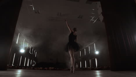 Close-up-Shot-of-Ballerina's-Legs.-She-Dances-on-Her-Pointe-Ballet-Shoes.-She's-Wearing-Black-Tutu-Dress.-Shot-in-a-Bright-and-Sunny-Studio.-In-Slow-Motion.