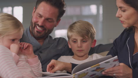 Smiling-Family-In-Pyjamas-Sitting-On-Sofa-Reading-Bedtime-Story-From-Book-Together