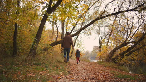 Laufender-Vater-Und-Kleiner-Sohn-Im-Herbstlichen-Wald,-Rückansicht-Der-Figuren,-Die-Spaß-Bei-Wochenendspaziergängen-In-Der-Natur-Haben,-Aktiver-Rest-Der-Familie