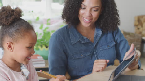 Mutter-Hilft-Tochter-Beim-Heimunterricht,-Sitzend-Am-Tisch-Mit-Digitalem-Tablet