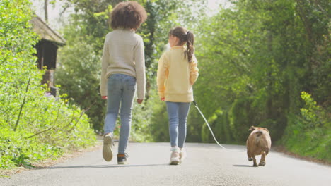 Vista-Trasera-De-Dos-Niños-Caminando-Mascota-Perro-Bulldog-Francés-A-Lo-Largo-De-La-Carretera-Rural