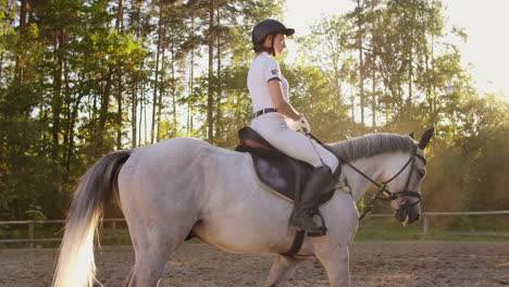 Es-Un-Paseo-Soleado-En-La-Naturaleza.-La-Mujer-Joven-Está-Montada-En-Su-Caballo.