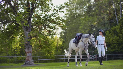 La-Chica-Camina-Con-Su-Encantador-Caballo-Antes-De-Las-Carreras-De-Caballos-Profesionales-En-El-Club-De-Caballos.-Hace-Calor-Caminar-En-La-Naturaleza