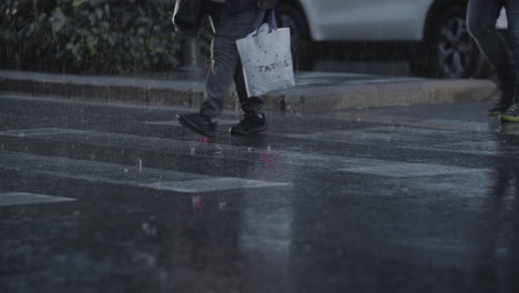 Tráfico-De-Personas-En-El-Paso-De-Peatones-Bajo-La-Lluvia.