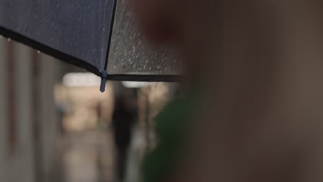 Woman-walking-under-umbrella-in-rainy-city