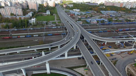 Flying-over-intersection-across-the-rail-tracks-in-Moscow-Russia