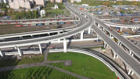 Aerial-cityscape-of-Moscow-with-multilevel-road-intersections-Russia