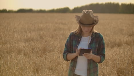 A-woman-farmer-in-a-shirt-and-jeans-goes-with-a-tablet-in-a-field-with-rye-touches-the-spikelets-and-presses-her-finger-on-the-screen-at-sunset.-Dolly-movement
