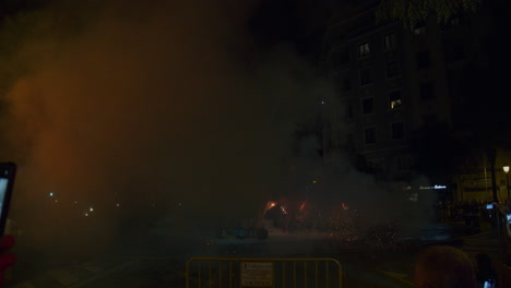 Fireworks-and-big-bonfire-at-Las-Fallas-night-Festival-in-Spain