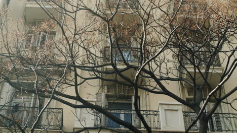 Antiguo-Edificio-De-Apartamentos-Europeo-Con-árboles-Desnudos-Delante