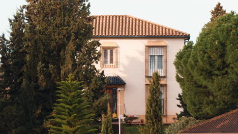 Outside-view-of-two-storey-house-with-pine-trees-growing-nearby