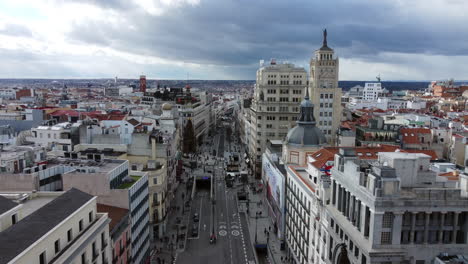 Madrider-Stadtbild-Aus-Der-Luft-Mit-Menschen,-Die-In-Der-Alcala-Straße-In-Spanien-Spazieren-Gehen
