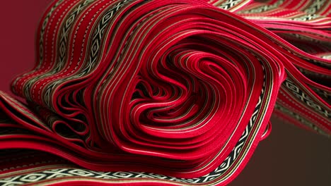 Un-Vibrante-Remolino-En-3D-De-Tela-Roja-Y-Estampada-Crea-Una-Espiral-Visual-Cautivadora