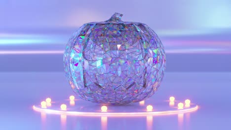 Ein-Schimmernder-Kristalliner-Kürbis,-Der-Von-Sanften-Lichtern-Vor-Einem-Pastellfarbenen-Hintergrund-Beleuchtet-Wird,-3D-Animation