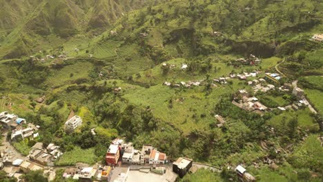 Cova-de-Paul,-Cape-Verde,-Africa---A-Sight-of-Mountains-Covered-in-Abundant-Green-Foliage---Aerial-Drone-Shot
