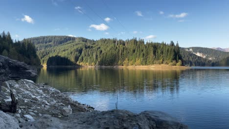 Panoramic-View-Of-Bolboci-Lake,-Pine-Tree-Forest-And-Mountains-In-Summer-In-Romania