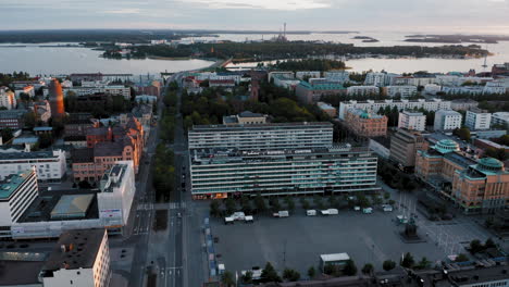 Aerial-view,-City-center-of-Vaasa-coastal-town-on-a-summer-night