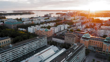 Rooftops-of-Vaasa-at-sunset,-Aerial