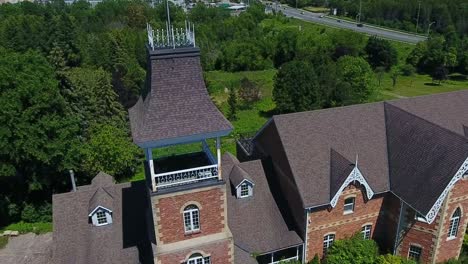 Exterior-Mansion-Bell-Tower-at-Cullen-Central-Park-in-Whitby,-Canada