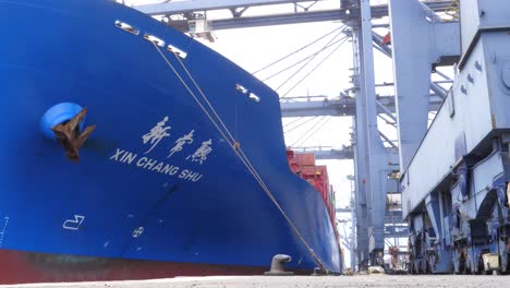 Up-close-large-Chinese-cargo-ship-in-industrial-Karachi-Port-KPT-in-Pakistan