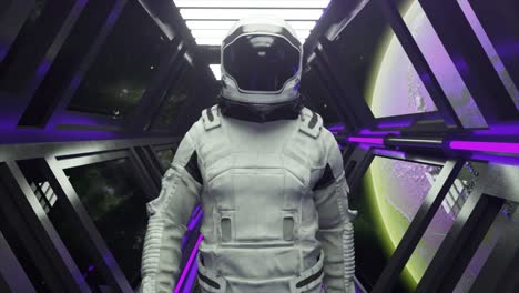 Technology-and-Future-Concept-Astronaut-Walking-in-Spaceship-Tunnel-Scifi-Shuttle-Corridor-Purple