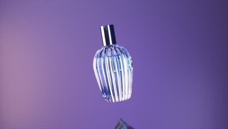 Advertising-Concept-Elegant-Perfume-Bottle-on-Isolated-Purple-Background-The-Fabric-Flies-on-the