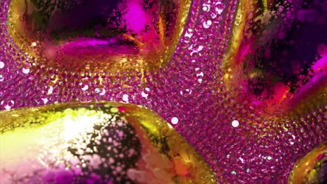 Stream-of-Diamond-Glowing-Bubbles-Colored-Metal-Objects-Pink-Gold-Neon-Color-Slow-Motion-Mirror