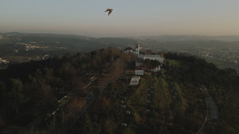 Sanctuary-Avenue-at-Dusk,-Felgueiras,-Portugal.-Aerial-flyover