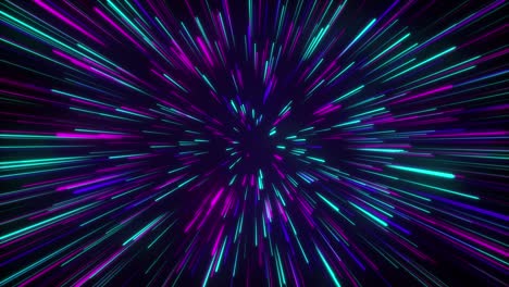 Seamless-loop-particle-light-zooming-lines-tunnel-in-space-air-on-black-background-neon-glow-beam-laser-abstract-3D-animation-motion-graphics-visual-effect-colourful-4K-teal-pink-purple