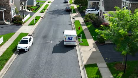 USPS-mail-truck-delivering-mail-in-modern-American-neighborhood
