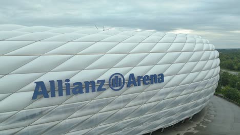 Aerial-reveal-and-above-the-fantastic-football-stadium,-Allianz-Arena