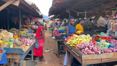 Mercado-Típico-De-Verduras-Y-Alimentos-En-Un-Pueblo-Cerca-De-Kumasi,-Ghana