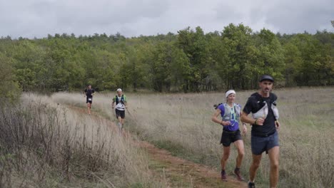 Group-of-people-run-through-French-trails,-in-the-legendary-Festival-des-Templiers-race,-Millau,-France